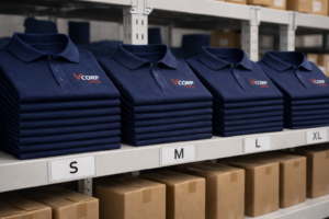 camisas polo organizadas en estante